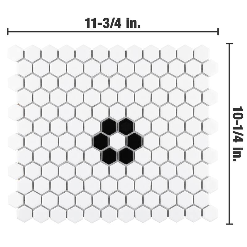 Merola Tile Metro 1" Hex Glossy White w/Single Flower 10-1/4" x 11-7/8" Porcelain Floor and Wall Tile