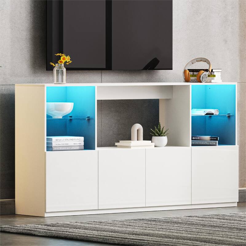 High Gloss TV Stand with LED Lights, Modern Sideboard with Large Storage Cabinet