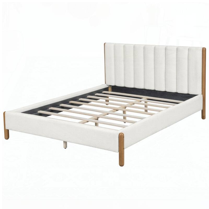 Bed Frame with Boucle Upholstered Thick Headboard and Solid Wooden Legs