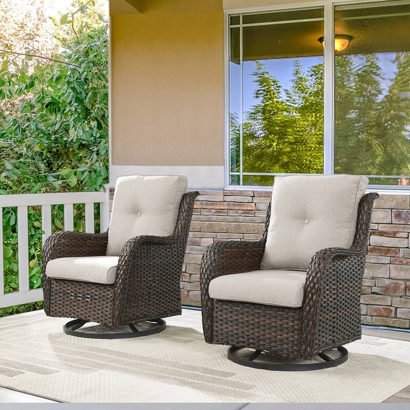 ArcoBay Wicker PE Rattan Outdoor Patio Swivel Glider Chairs with 4'' Olefin Cushions (2-Pack) - Brown Wicker - Beige