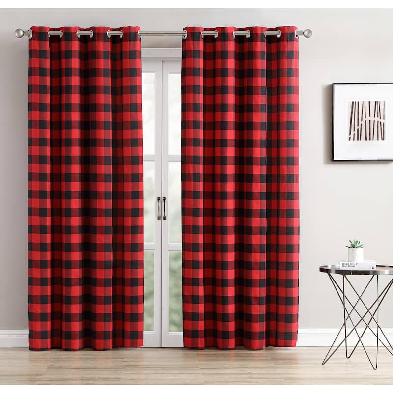 Window Curtain Panel With Buffalo Plaid Design - Red - 96 Inches