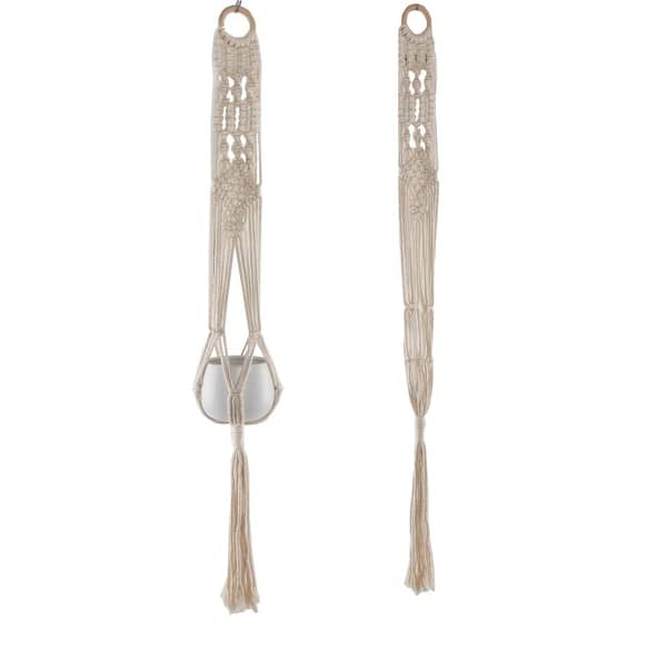 slide 2 of 4, 40"L Macrame Plant Hanger Mid-Century Modern - No - Ceramic - Plant Hangers - Round - White - Assembled - Handmade