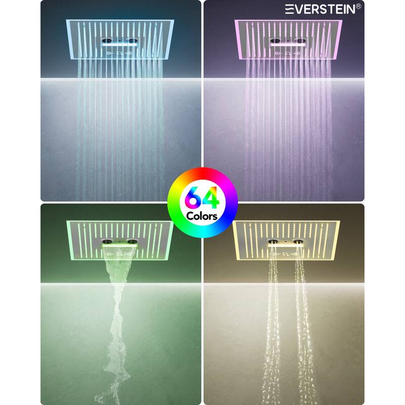 Shower Faucet System 16" Ceiling Mount Shower Head 3 Spray Modes Body Jets Handheld Spray with Slide Bar LED Music