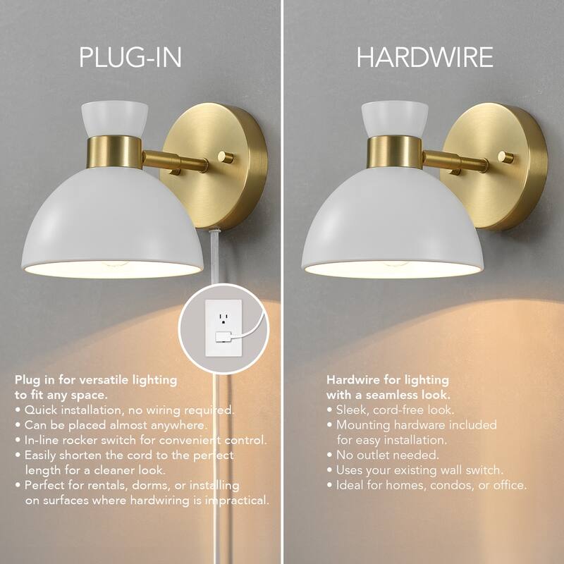 1-Light Matte Brass Plug-In or Hardwire Wall Sconce with Matte White Pivoting Metal Shade - 8.75"