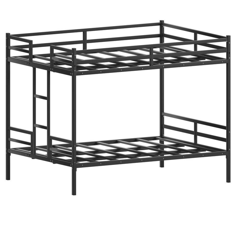 Metal Queen Bunk Bed with Guardrail, Ladder, and Storage, Black