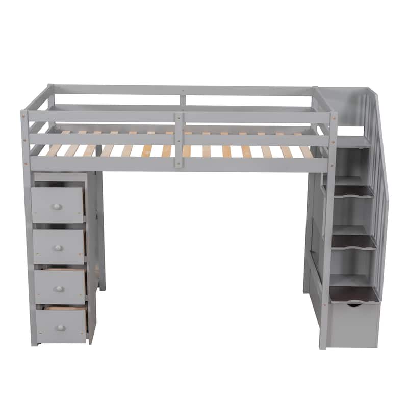 Loft Bed with Storage Drawers ,Desk and Stairs, Wooden Loft Bed with Shelves