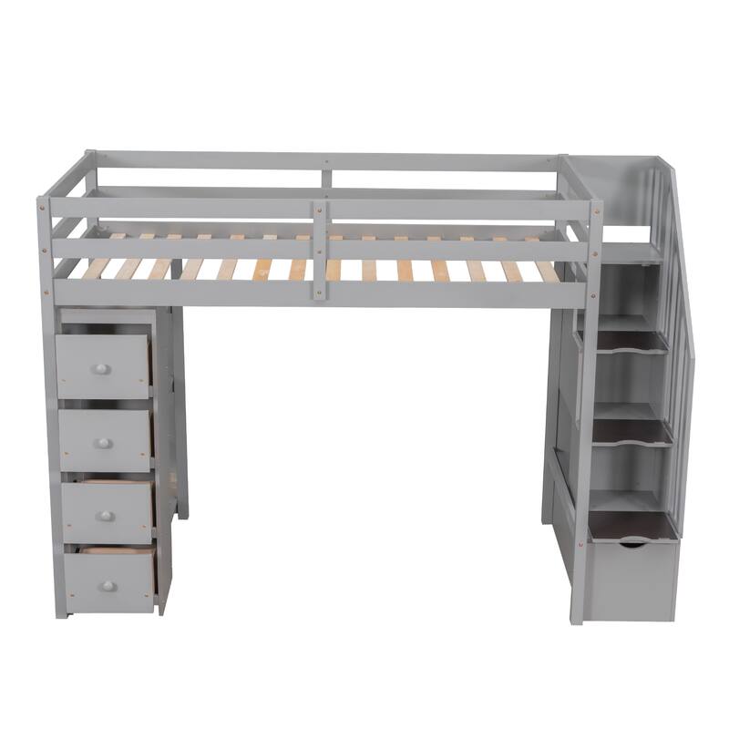 Twin-Size Loft Bed with 4 Drawers and Storage Stairs, Solid Wood Twin High Loftbed Bedframe with Shelves for Kids Teens/Bedroom
