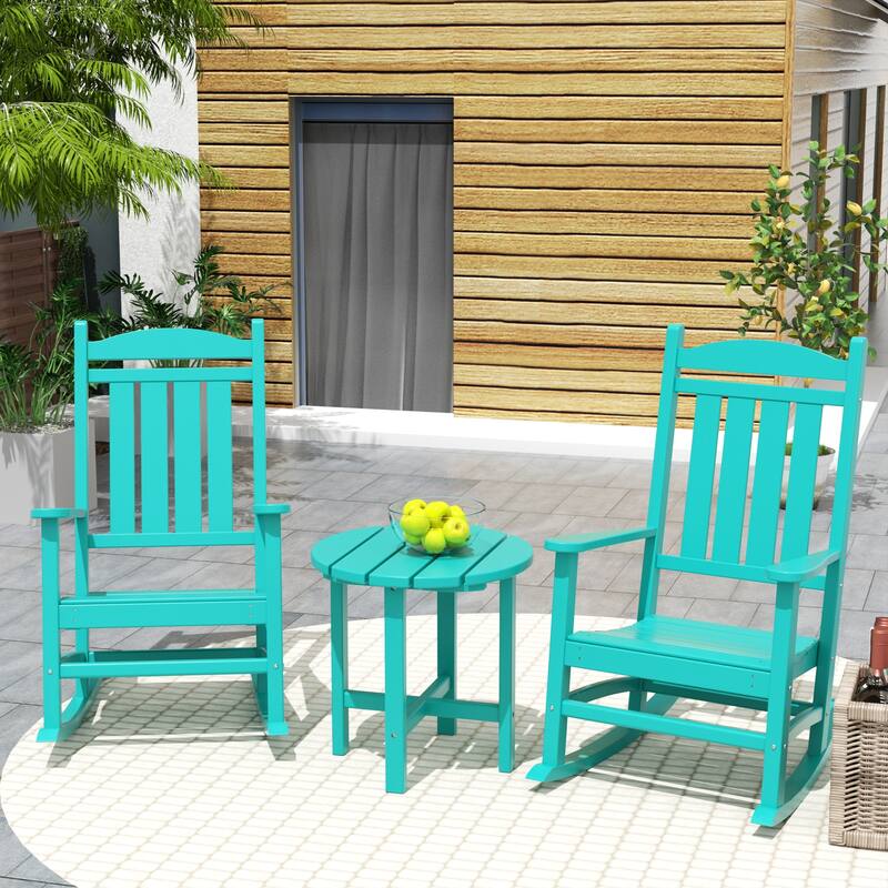 Laguna Hdpe All Weather Outdoor Patio Rocking Chairs With Side Table (3-Piece Set) - Turquoise