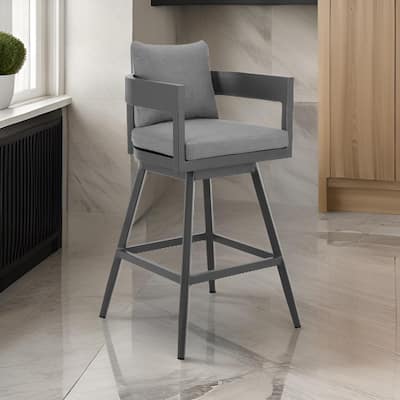 Enya 30 Inch Outdoor Swivel Barstool Chair, Gray Aluminum, Cushions