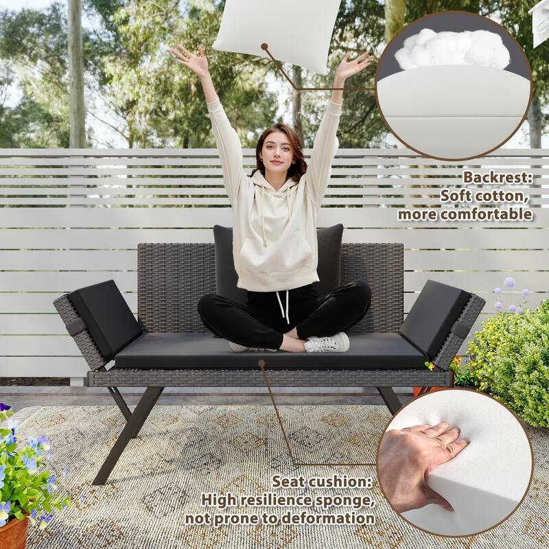 BOSSIN All-Weather Rattan Convertible Daybed - Outdoor Sofa w/ Adjustable Arms & Waterproof Cushions - Patio, Poolside, Porch