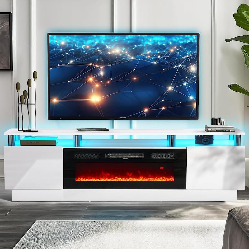 80" 2 Tier TV Console Stand for TVs Up to 90",with 36" Electric Fireplace - White