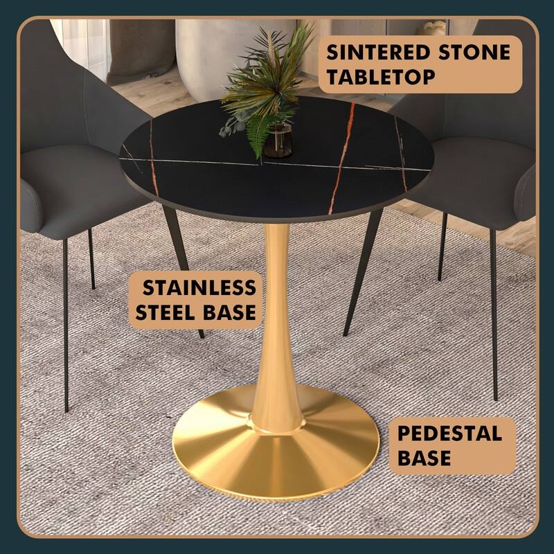 Bristol Series 27" Round Dining Table with Sintered Stone Top and Gold Stainless Steel Pedestal Base for Kitchen or Dining Room