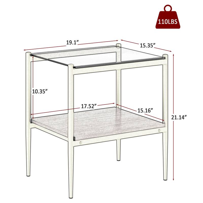 Set of 2 Rectangle End Table Tempered Glass Tabletop with MDF layer