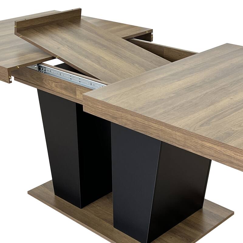 Extendable Dining Room Table, Wooden Kitchen Table with Double Pedestal Base, Large Meeting Table Home Office Table