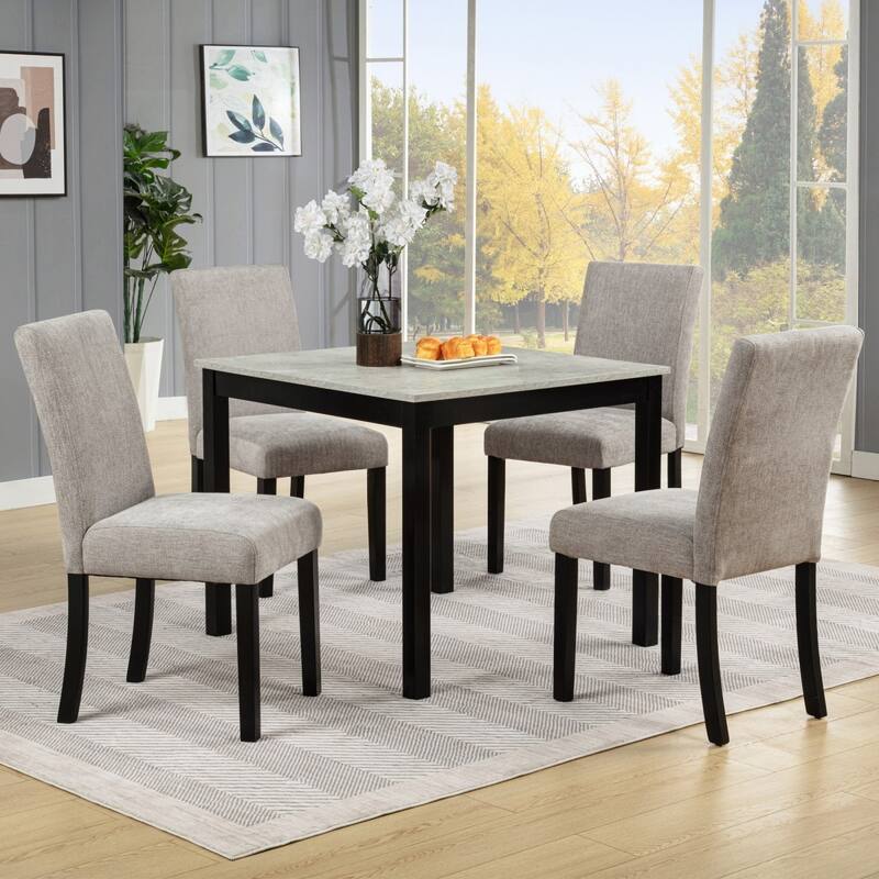 5/6-Piece Wooden Dining Table Set with Concrete-Effect Melamine Tabletop - 5-Piece