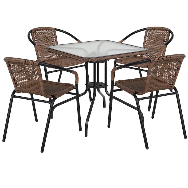5-Piece Square Indoor/Outdoor Patio Table and Rattan Chairs Set - 28"W x 28"D x 28"H - Clear Top/Dark Brown Rattan