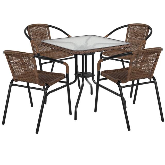 Powder-coated Aluminum/ Rattan Lightweight 5-piece Outdoor Dining Set - Clear Top/Dark Brown Rattan