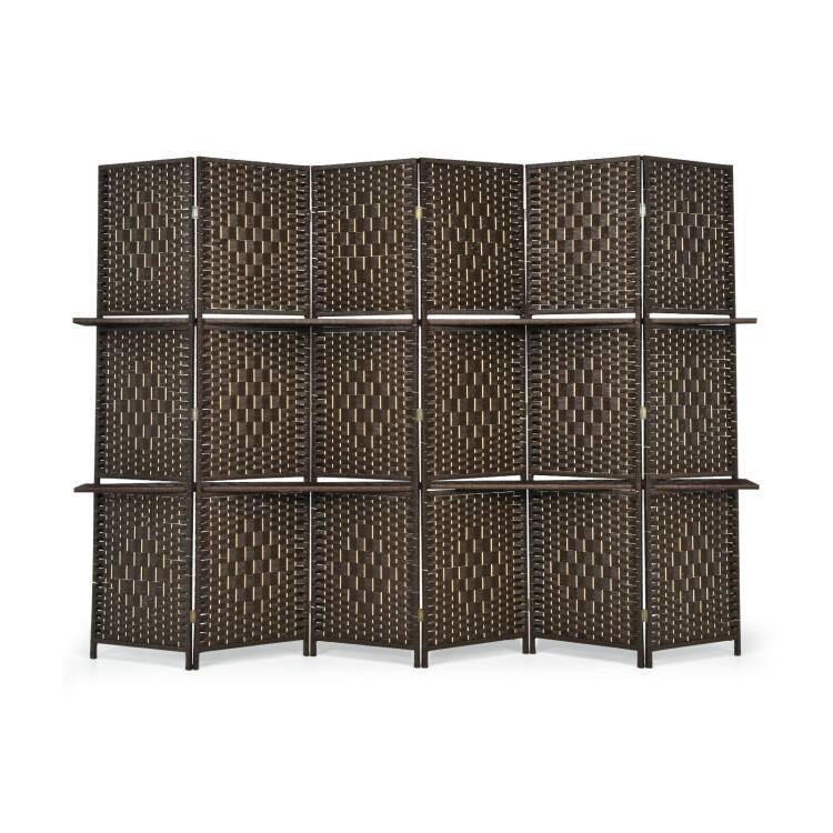 6 Panel Folding Weave Fiber Multipurpose Room Divider with 2 Display Shelves - 95" x 71" (L x H)