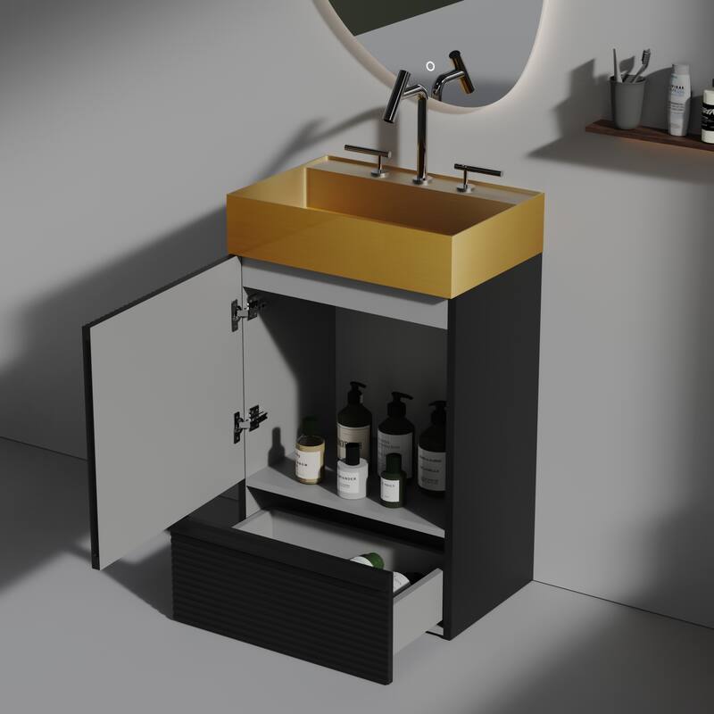 20" Striped Christmas Bathroom Vanity With Stainless Steel Bathroom Sink, Freestanding Bathroom Cabinet