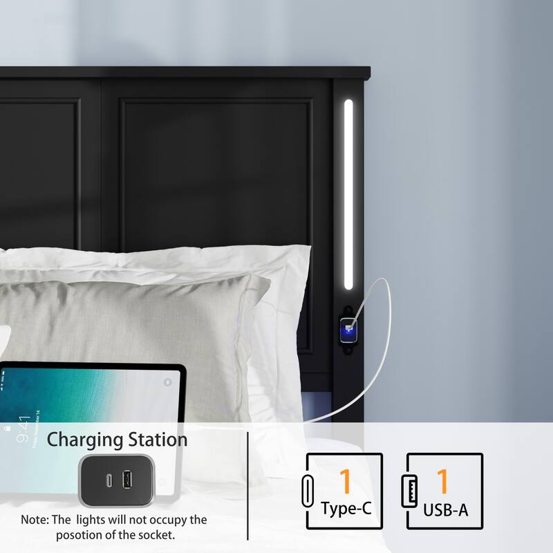 Queen Size Platform Bed with Wood Headboard,Charging Station and LED Lights