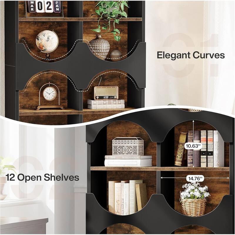 6-Tier Open Bookshelf, 70.8-Inch Tall Bookcase with Half Round Edges