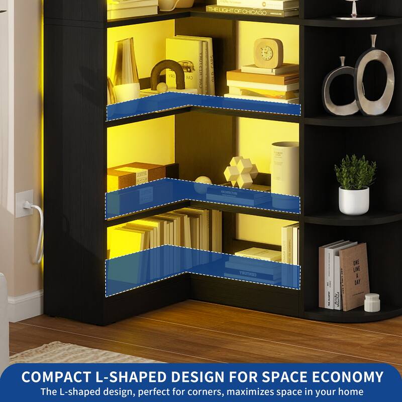 Moasis 70" Tall 6-Tier LED Corner Bookshelf L-Shaped Bookcase with Shelves for Living Room