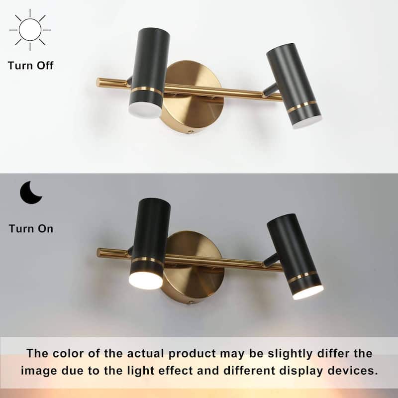 Modern Black Gold 2-Light LED Bathroom Vanity Light with Cylinder Shades - 16" L x 7.5" W x 6.5" H