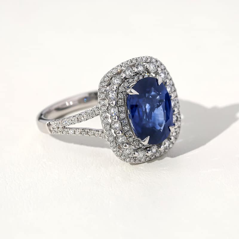 Kobelli 3.90 Carats Natural Blue Sapphire & White Diamond Solid 14k White Gold Triple Halo Split Shank Celes Ring