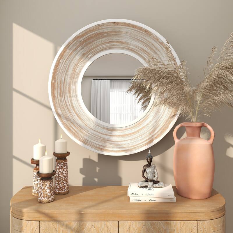 Cream Wooden Room Wall Mirror with White Wash Effect - Cream - 35"D