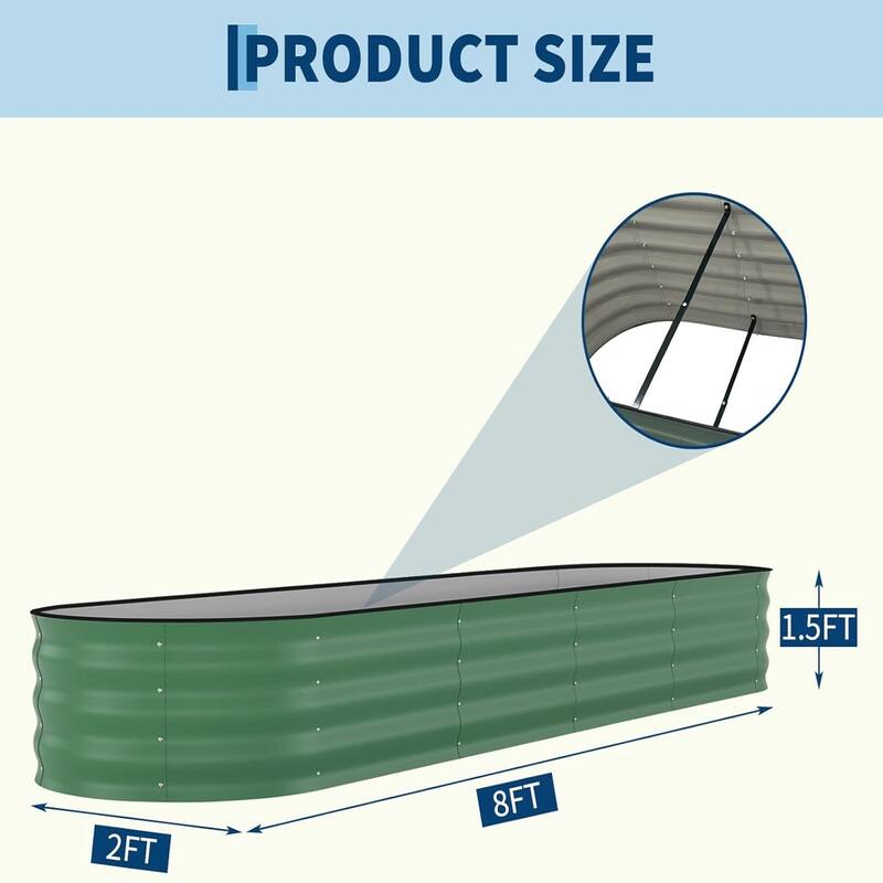 8x4x2FT Galvanized Steel Raised Garden Bed Kit With Anti-cut Strips for Vegetables Herbs and Flowers Green