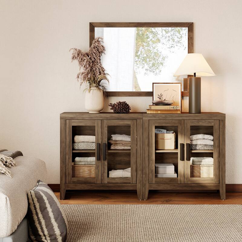 WAMPAT Modern Farmhouse Modular Buffet Cabinet, Glass Door Sideboard with Adjustable Shelves
