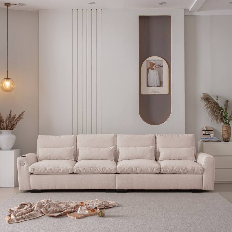 Elegant Chenille Modular Sofa with Reversible Ottoman, USB Ports & Cup Holder, Beige