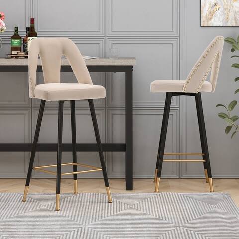 Bar Stool with Nailheads and Gold Tipped Black Metal Legs