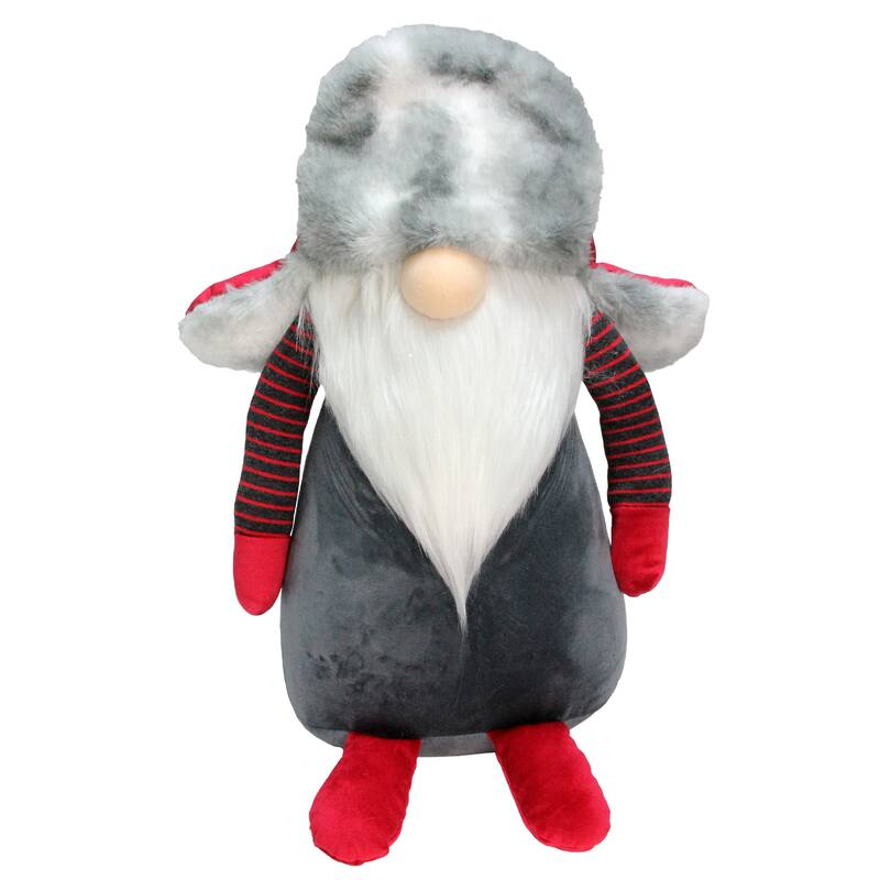14" Dark Grey Gnome with Red Grey Fur Trapper Hat Christmas Decoration
