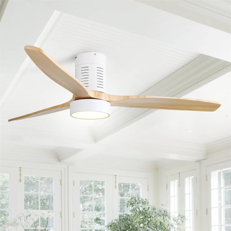 52" Flush Mount Wood Ceiling Fan with Dimmable LED Light and Remote Control