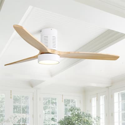 52" Flush Mount Wood Ceiling Fan with Dimmable LED Light and Remote Control