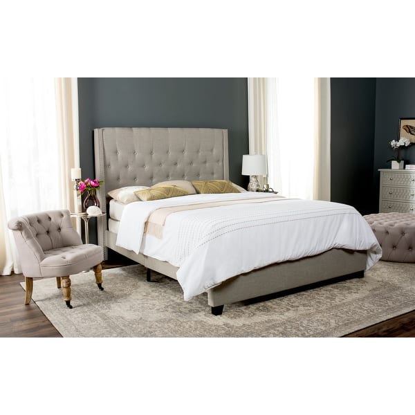 slide 2 of 9, SAFAVIEH Winslet Light Grey Linen Upholstered Tufted Wingback Bed (Full)