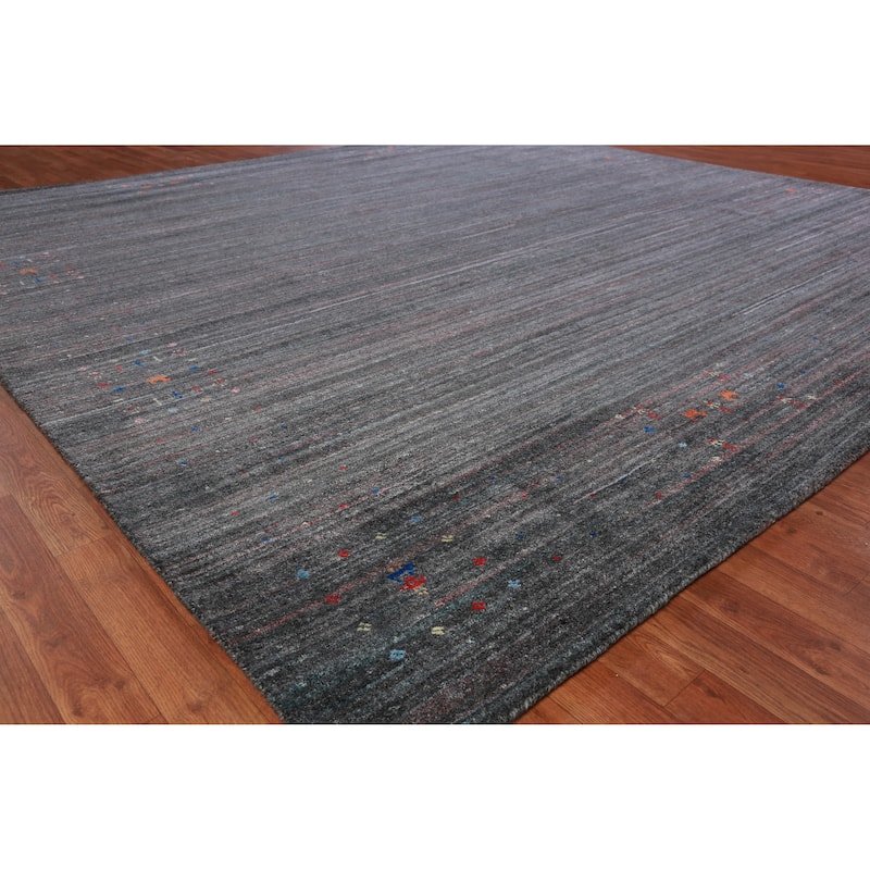 Hand Knotted Oriental 100% Wool Carpet Tribal Stripe Greys & Charcoal Gabbeh Area Rug - 9' 6'' X 9' 9''