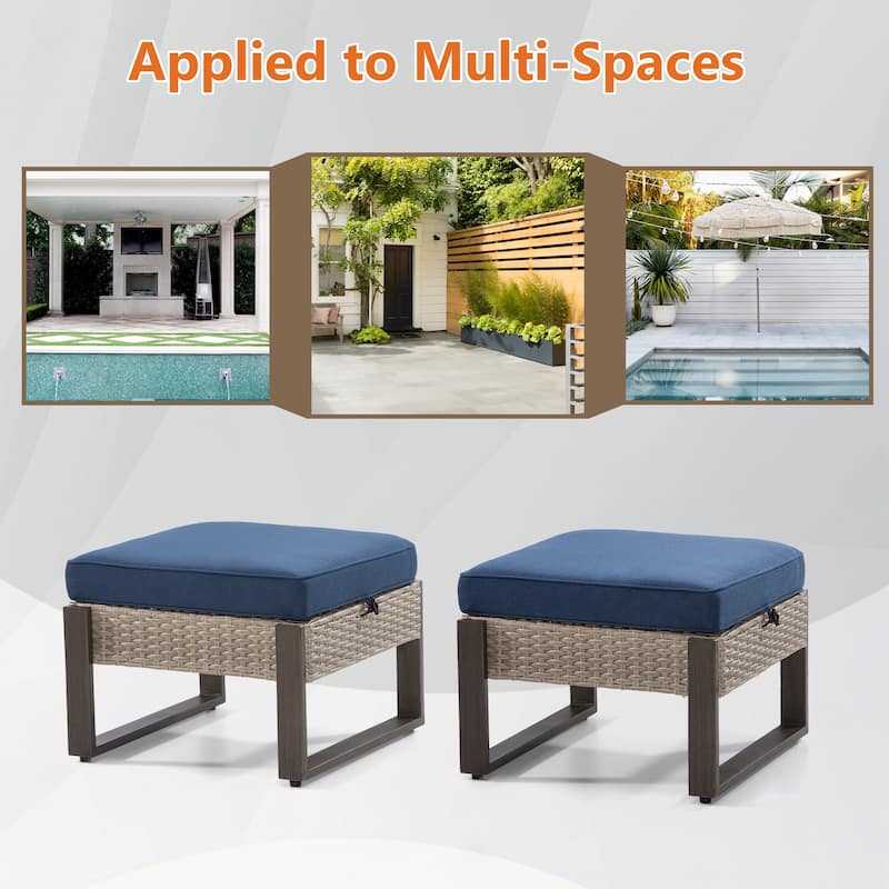 Cozywor 2-Piece Wicker Outdoor Patio Ottoman with Steel Frame and Cushions
