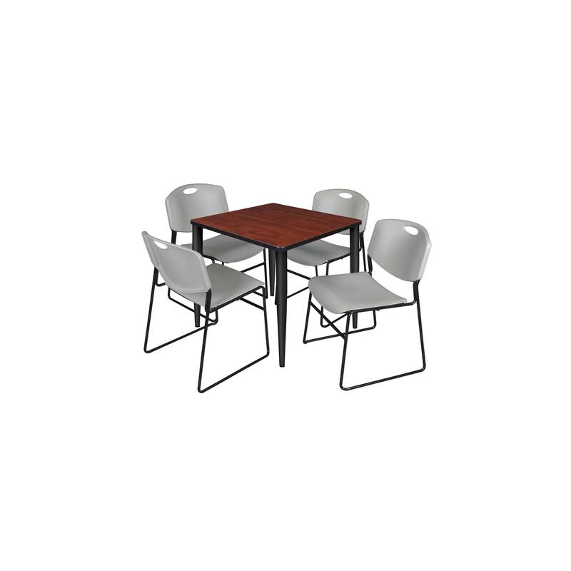 30 in. Square Breakroom Table- Cherry Top, Black Base & 4 Stack Chairs- Grey