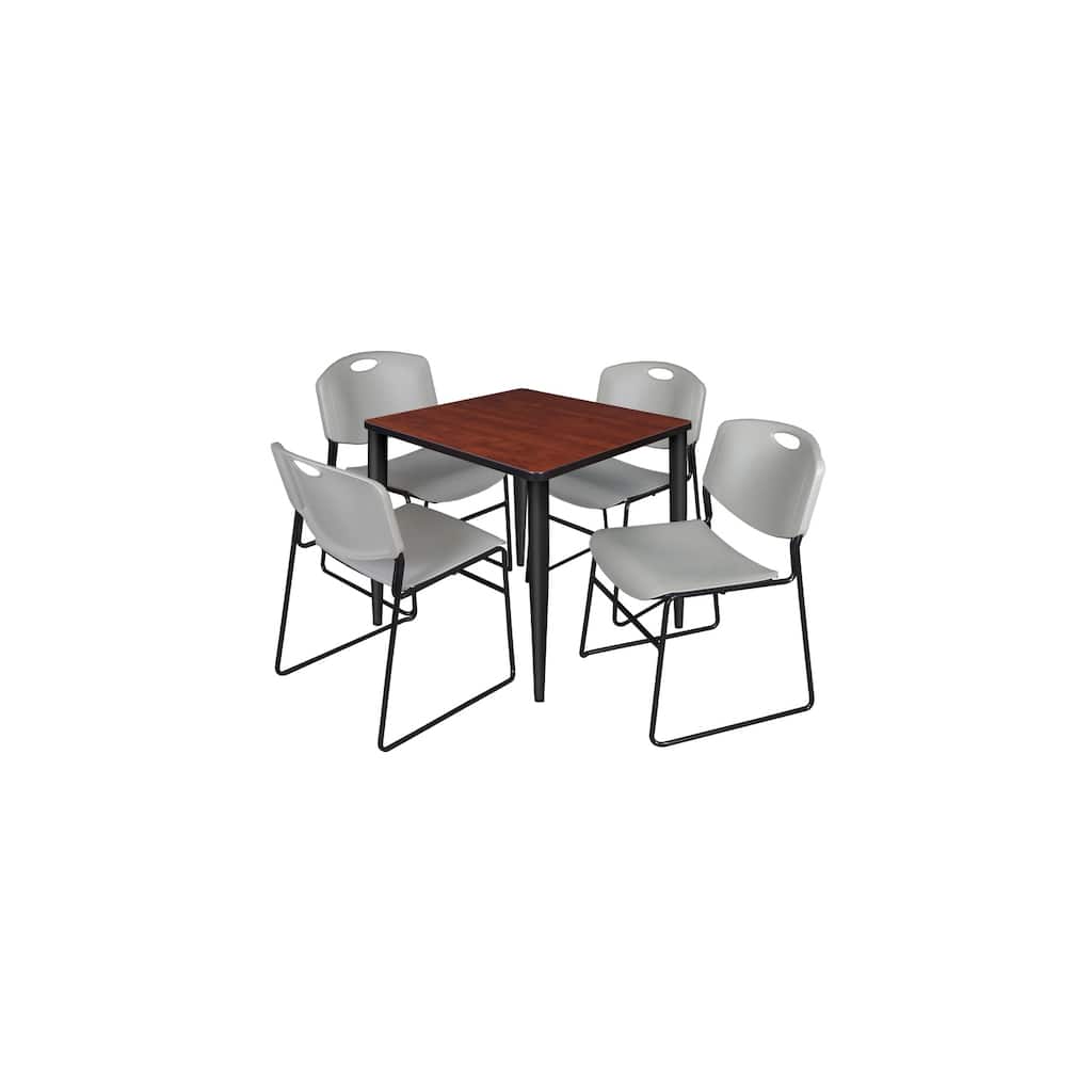 30 in. Square Breakroom Table- Cherry Top, Black Base & 4 Stack Chairs- Grey
