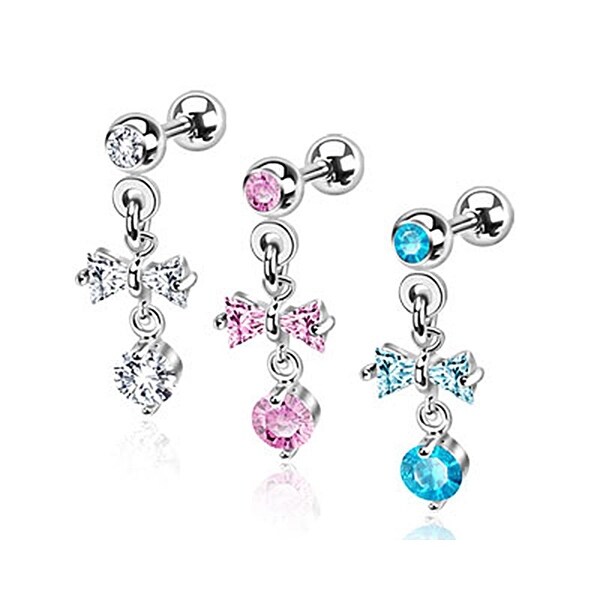 Gemmed Ribbon Dangle with Hanging Orb Cartilage/Tragus Barbell 316L Surgical Steel (Sold Ind.)