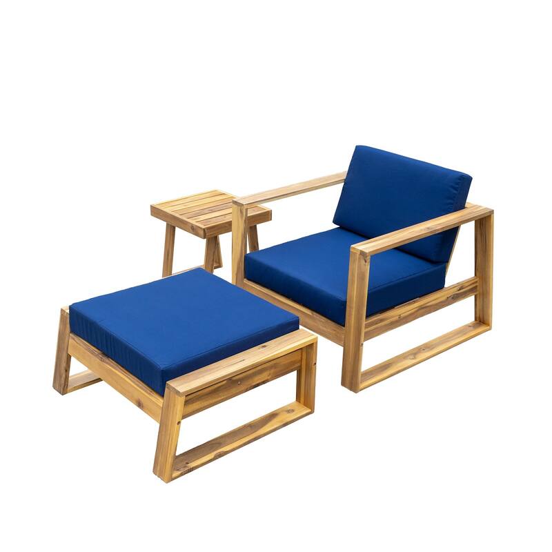 3-Piece Outdoor Acacia Wood Lounge Set with Chair, Ottoman, and Side Table