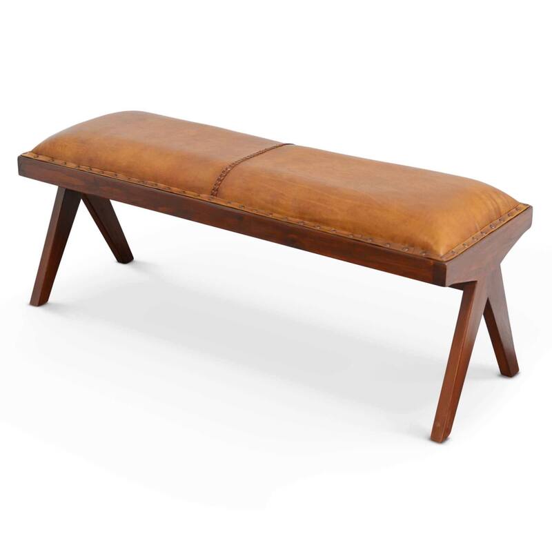 GDFStudio - Chad Modern Mid-Century 47.5" Genuine Leather Bench with Solid Wood Frame - 16.1"W