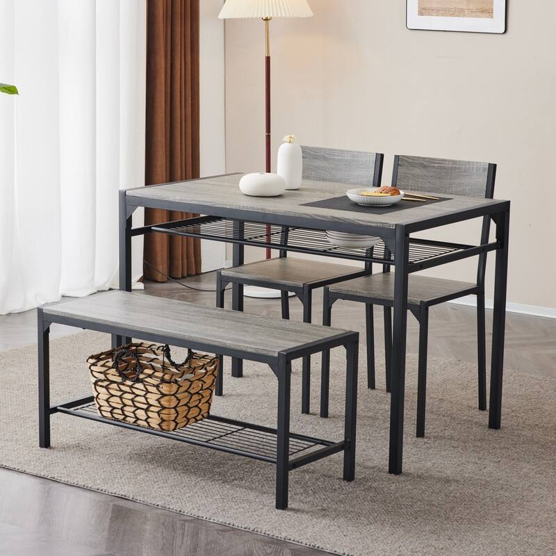Mid-Century Modern 4 Piece Dining Set,Rectangular Table, Bench, 2 Chairs, Steel Frame