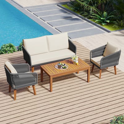 4 Pieces Outdoor Patio Furniture Set for Cushions Backyard, Poolside, Garden (Beige Cushion + Grey Rope)