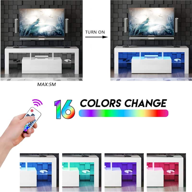 51" TV Stand with Flip Door, Glass Shelf & Glossy Finish for TVs Up to 55"