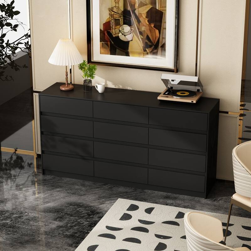 Modern 12-Drawer Bedroom Dresser - Sleek Storage Chest, White or Black