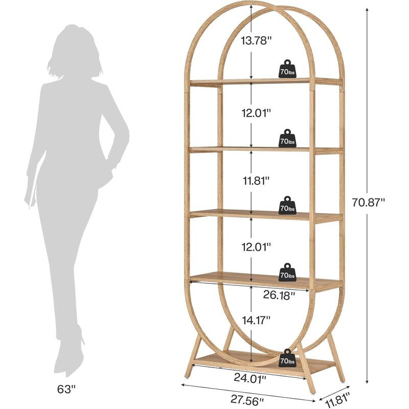 70.8 Inches Tall Bookshelf, 5 Tiers Arched Bookcase with Metal Frame