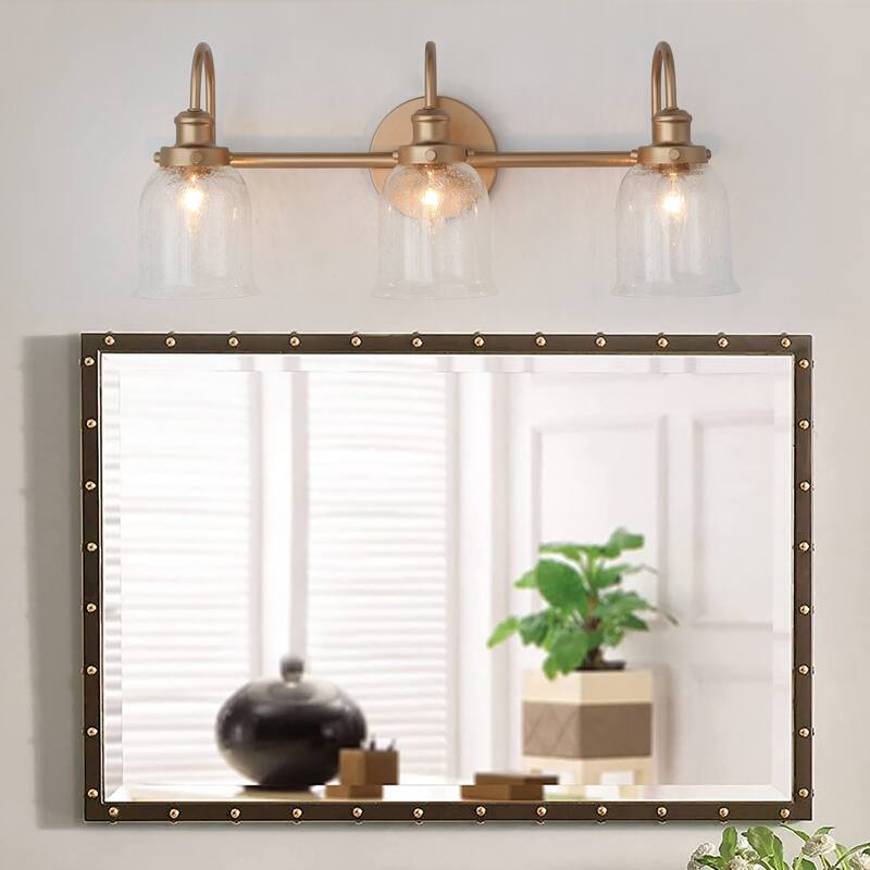 Modern Seeded Glass Bathroom Vanity Light Gold 3-Light Farmhouse Wall Sconces Dimmable - Brass Gold - L 21"xW 9"xH 8"